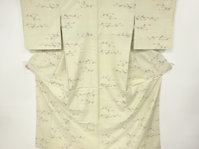 アンティーク　草花模様織出し手織り節紬着物